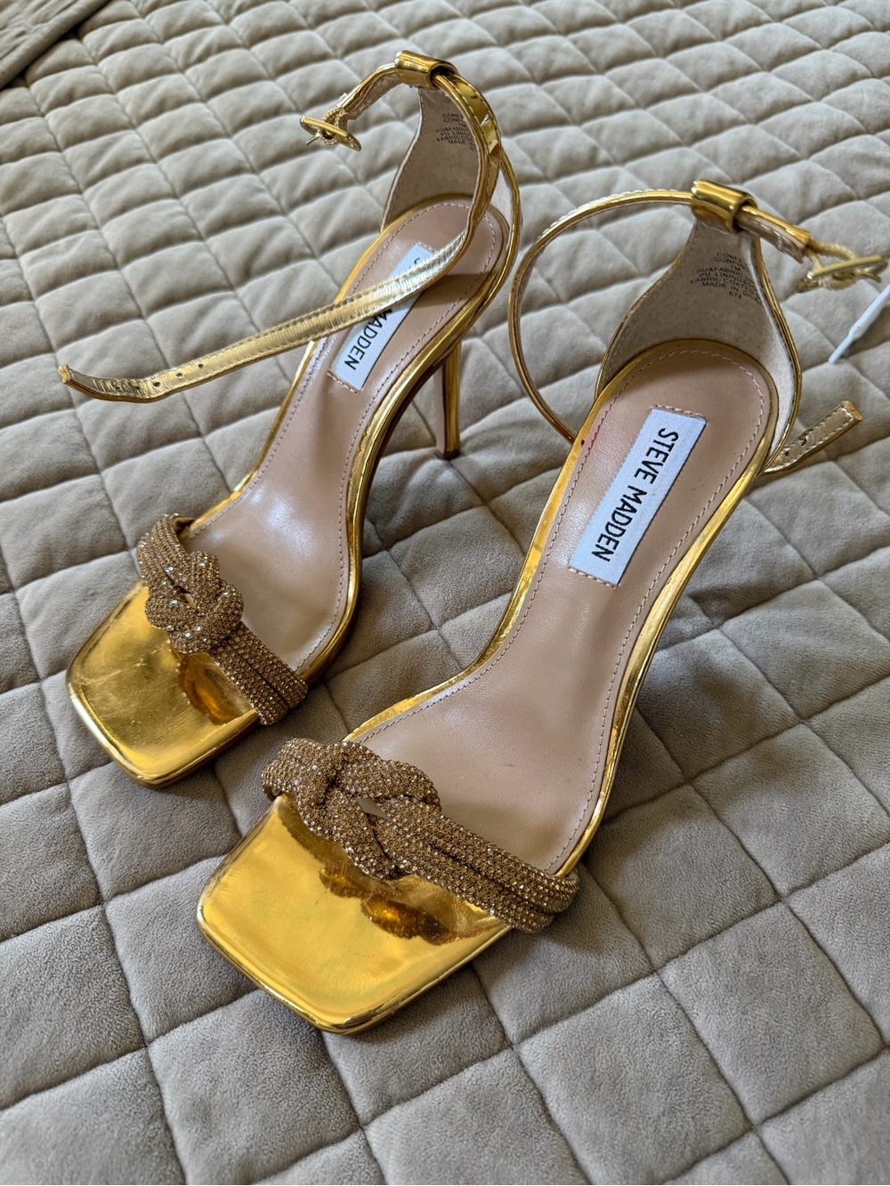 Steve Madden Gold Metallic Knotted Crystal Ankle-Strap Heels